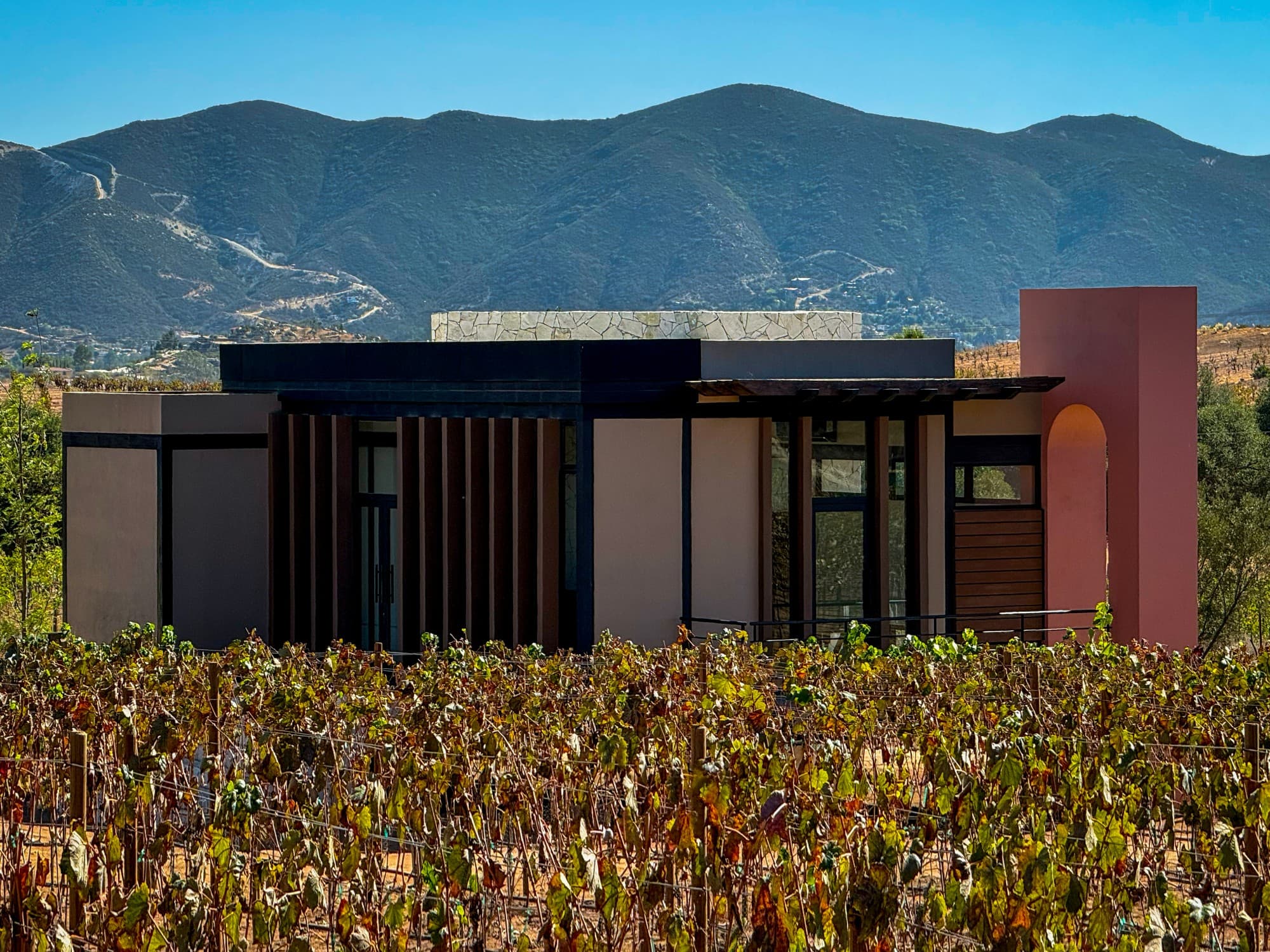 Building with mountain backdrop